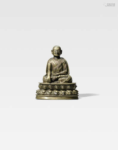 西藏 十三/十四世纪 错银错红铜噶举喇嘛铜像