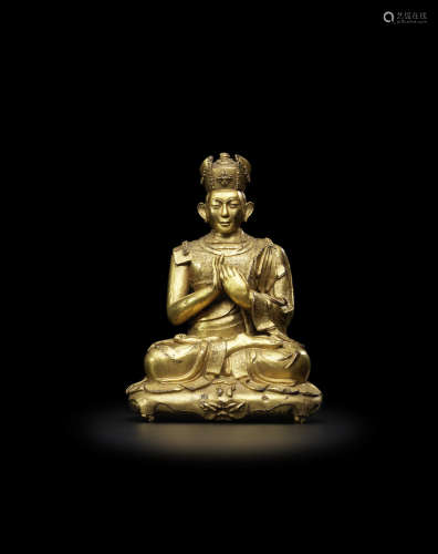 西藏 十五/十六世纪 铜鎏金五世噶玛巴德新谢巴像