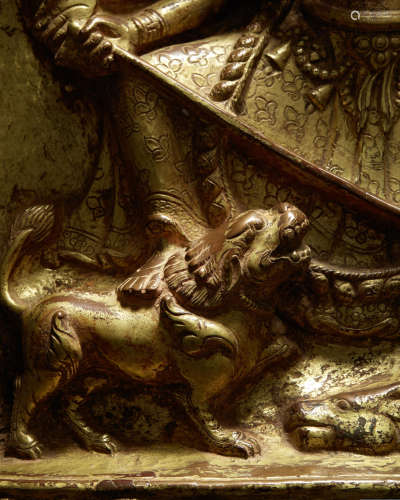尼泊尔 十七世纪 铜鎏金锤迭杜尔迦摩酰湿饰牌
