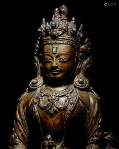 藏中 十五/十六世纪 错银错红铜无量寿佛铜像