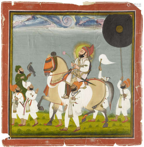 AN EQUESTRIAN PORTRAIT OF MAHARANA BHIM SINGH DEVGARH, CIRCA 1810-30