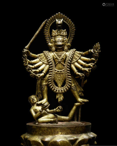尼泊尔 马拉晚期 约1702年 铜鎏金五面哈奴曼像