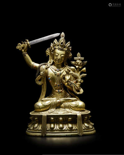 清朝 十八世纪 铜鎏金文殊菩萨像