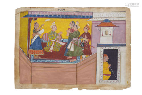 AN ILLUSTRATION TO THE SHANGRI RAMAYANA, STYLE II: KING DASHARATHA INSTRUCTS BHARATA AND SHATRUGHNA BAHU (JAMMU), CIRCA 1690
