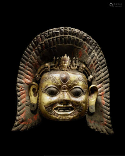 尼泊尔 十六/十七世纪 铜鎏金陪胪面具