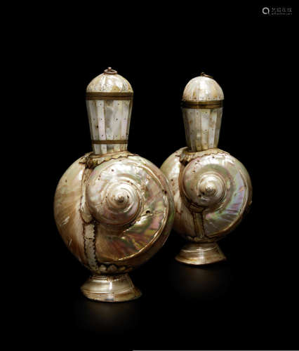 A PAIR OF INDO-PORTUGUESE TURBO AND MOTHER-OF-PEARL DECANTERS GUJARAT, CIRCA 17TH CENTURY