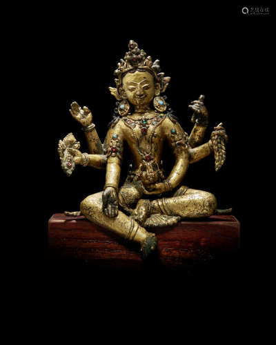 尼泊尔 十六世纪 铜鎏金财源天母像