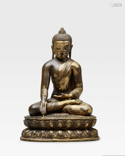 西藏或中原 十四世纪 铜鎏金佛坐像