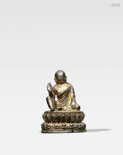 西藏 十五世纪 铜鎏银密勒日巴像