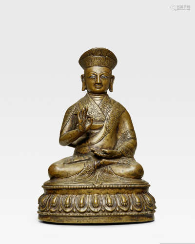 藏中 十五/十六世纪 错银竹巴噶举喇嘛铜像