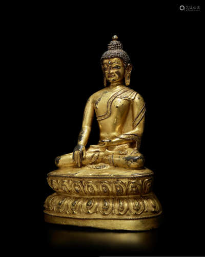 西藏 十四世纪 铜鎏金佛坐像