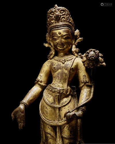 尼泊尔 十五世纪 铜鎏金观音像