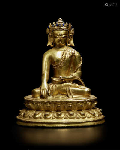 尼泊尔 十四世纪 铜鎏金阿閦佛像