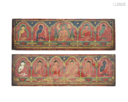 西藏 十四/十五世纪 木雕彩绘双面护经板一对