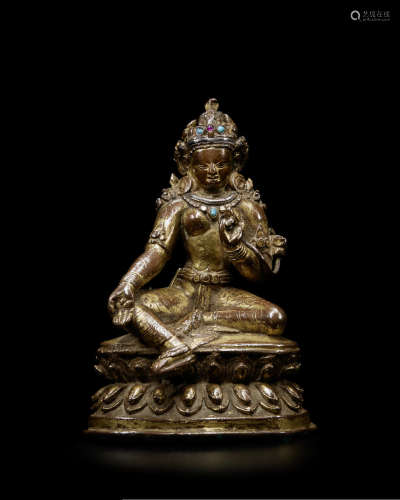 尼泊尔 十三/十四世纪 铜鎏金错银绿度母像