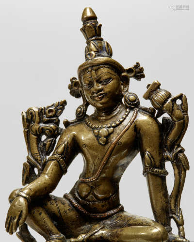 印度东北部 帕拉时期 十/十一世纪 错银错红铜文殊菩萨铜像