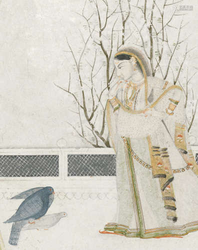 AN ILLUSTRATION FROM A NAYIKA SERIES: VIRHINI NAYIKA GULER OR KANGRA, CIRCA 1800