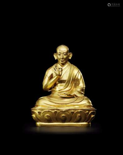 清朝 十七世纪晚期 铜鎏金喇嘛像，或为二世班禅喇嘛罗桑意希