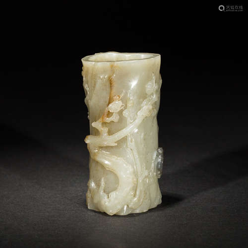 Chinese Antique Celadon Jade Brush Pot, 19th Century