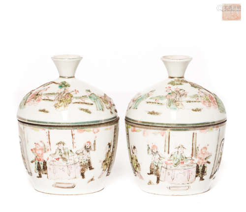Pair Chinese Antique Rose Famille Porcelain Sugar Jar, Qing Dynasty