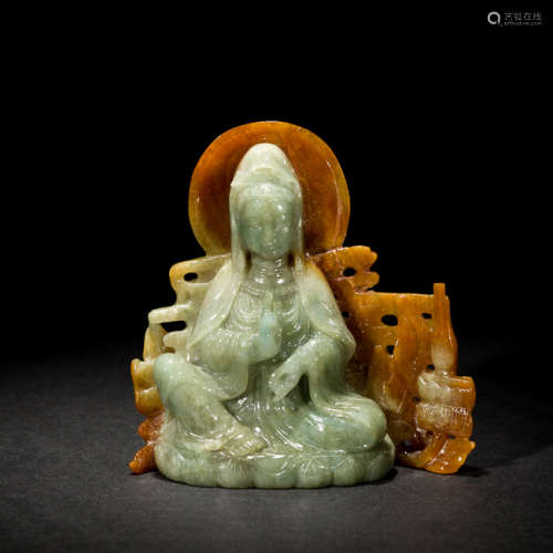 Chinese Antique Jade Jadeite Figure: Guanyin, Late 19th Century