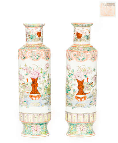 Pair Chinese Antique Rose Famille Porcelain Vase, Qing Dynasty