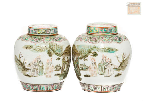 Pair Chinese Antique Rose Famille Tea Jar and Covers, Qing Dynasty