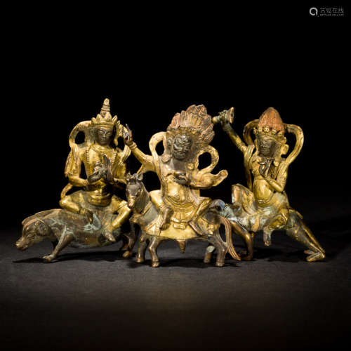 Group Antique Gilt Bronze Dharma Guardian Warriors, 19th Century