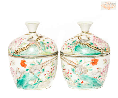 Pair Chinese Antique Rose Famille Porcelain Sugar Jar