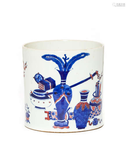 Chinese Antique Blue and White and Red Porcelain Brush Pot, 18th Century