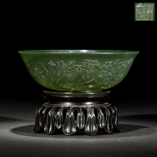 Chinese Antique Spinach Green Jade Bowl, Early 20th Century