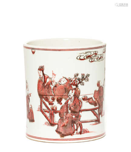 Chinese Antique Red Glazed Porcelain Brush Washer, Qing Dynasty
