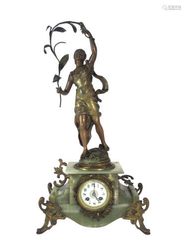 A Bronze Status Stand On Jade Clock