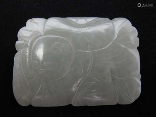 A Chinese Antique Child Lotus Leaves Jade Panel