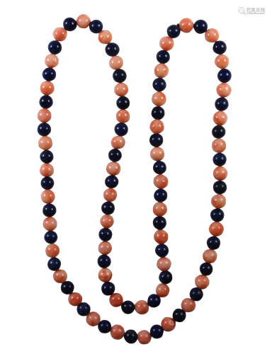 A Pink Coral with Lapis  Necklace