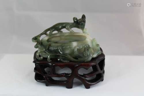A Jade Carved Pot Stand On Wooden
