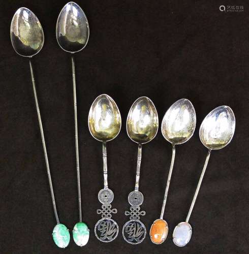 Six Chinese Silver Tea Spoon Jade & Agate Deciration