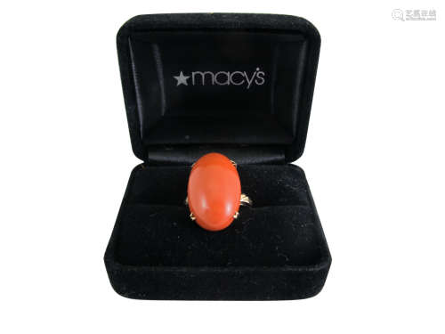 A Red Coral Top 18K Gold Ring