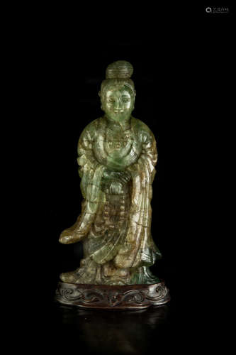 A Chinese Green Tourmaline Guanyin Buddha Statue