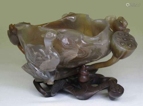 A Chinese Jade Brush Pot With Carving