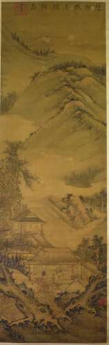 Attributed To -Lu Tan Wei( ? - 485) With Song HuiSong Inscription and Seals<br>Ink And Color On Silk, Hanging Scroll. Signed And Many Collectors Seal.<br>164 x 51 cm (64  1/2 x 20 in)<br>傳 - 陸探微 (?-485）宋徽宗題 約7.5 平尺<br>軸心：設色绢本<br>款識：陸探微製<br>題拔：陸探微真蹟神品<br>鈐印：宣和御覽，多枚藏家印
