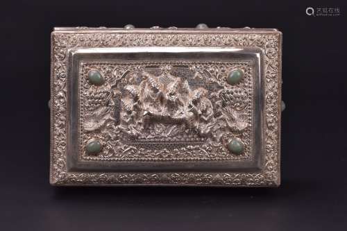 A Beautiful Silver Box And Cover Insert Jadeite Stone