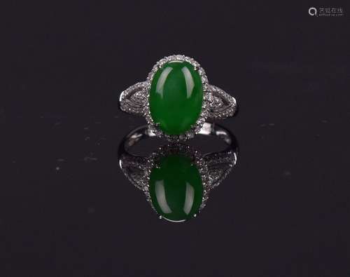 A Glassy Emerald Green Jadeite And Diamond Lady’s Ring