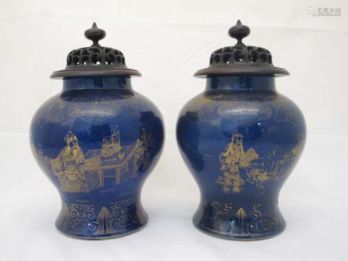 A Pair of Blue-Ground Gilt-Inlaid Vases