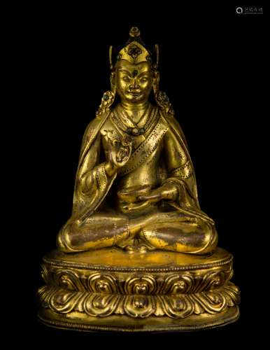 A Tibetan Gilt Brass Figure of Padmasambhava,15th CT.