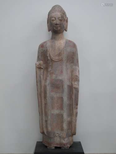 A Painted Stone Standing  Sculpture of Buddha,6th CT.