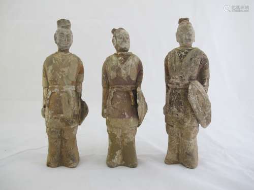 Three Chinese Painted Red Guardian Pottery Figures,Bei Wei
