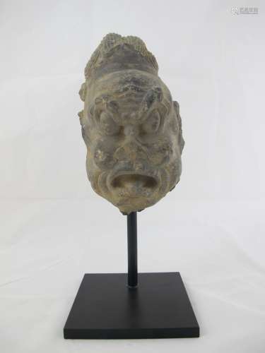 A Chinese Gray Stone Lokapala Head,Tang Dynasty
