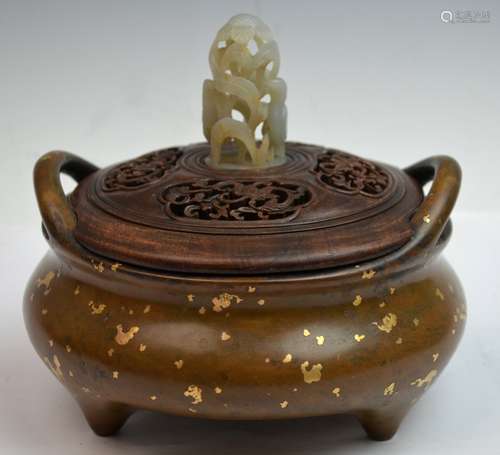 Chinese Bronze Incense Burner with Jade Button