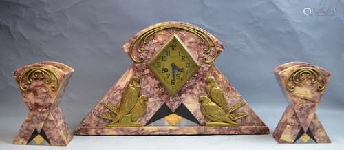 Art Deco Marble & Bronze Clock Set